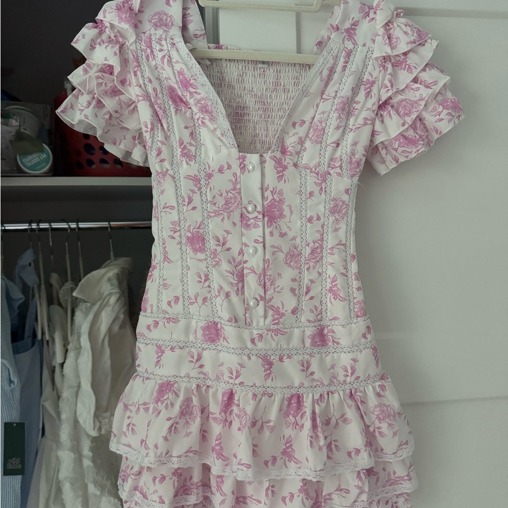 Floral Ruffle Dress in Pink and White